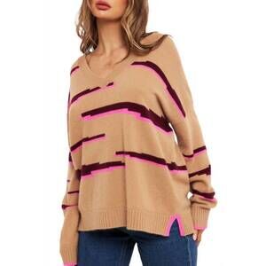 NEW BRODIE CASHMERE glitch zebra v neck sweater top in camel/sangria/diva pink